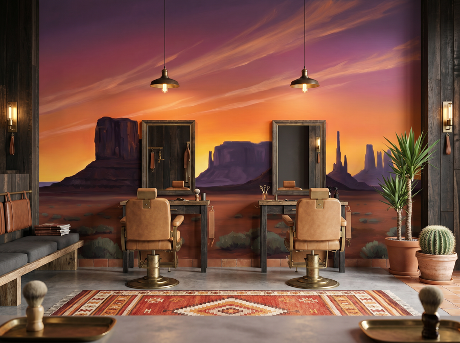 Monument Valley scenic wallpaper mural on the feature wall of a modern-rustic living room, in a soft grey palette — The Wall Shawl.