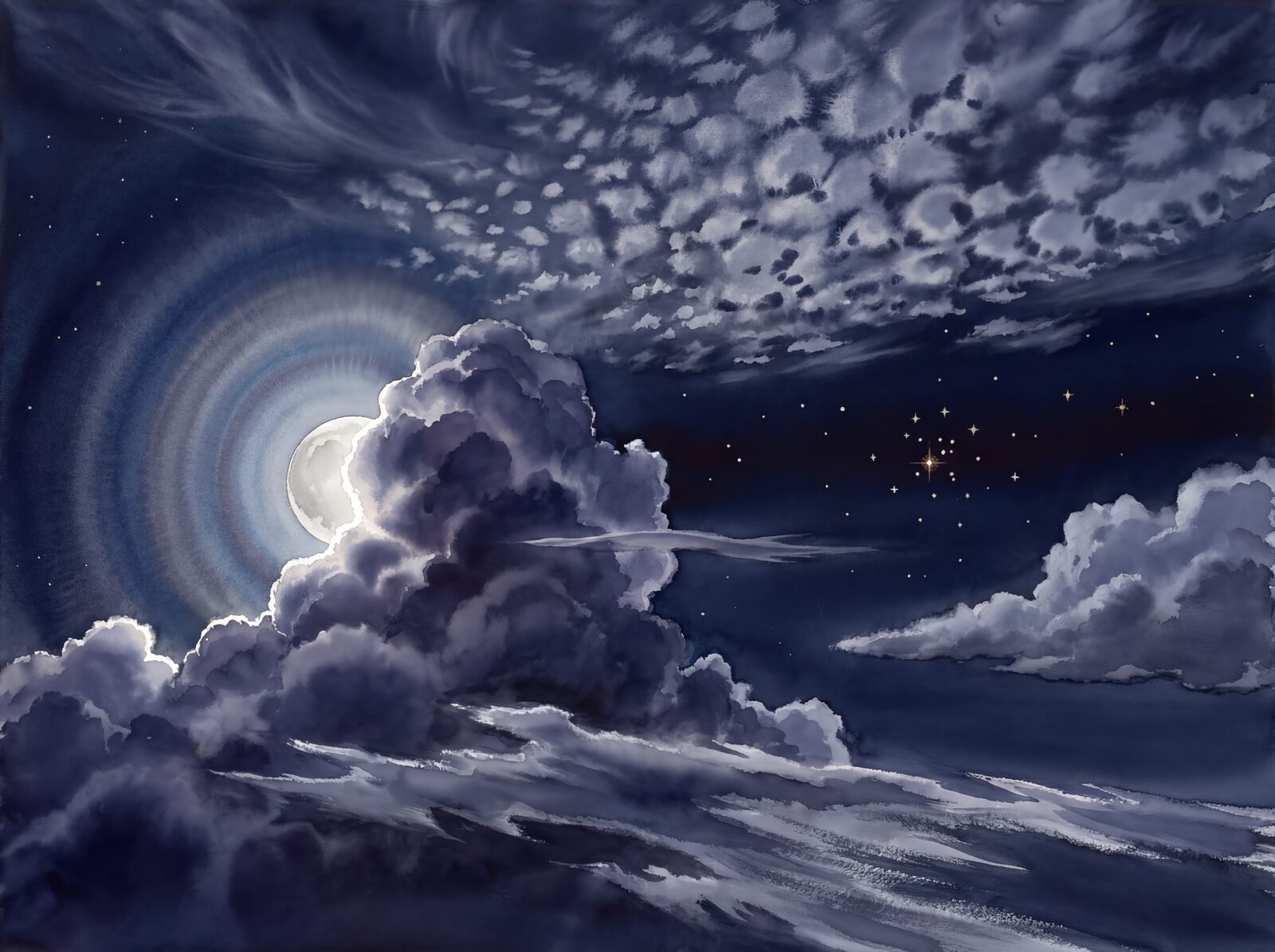 Immersive night sky mural with Night Vault, Moon Silver, and Cloud Mass hues. Made to order.