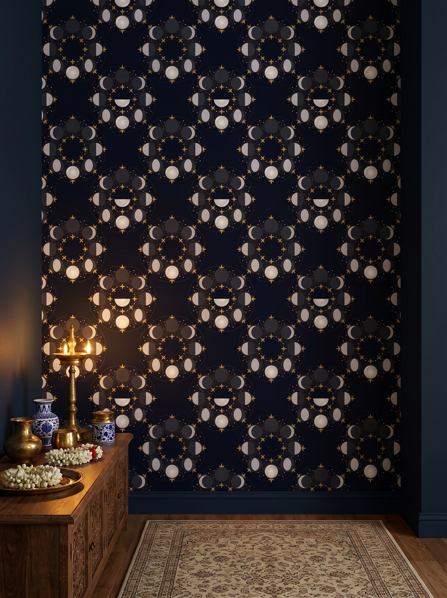 Moon Phase Mandala scenic wallpaper mural on the feature wall of a dark-academia bedroom, in a cool blue palette — The Wall Shawl.