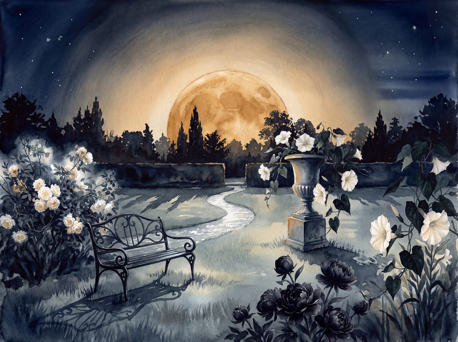 Lunar enchantment wallpaper with Moon Night, Moon Amber, and Moon Silver hues. Made to order.