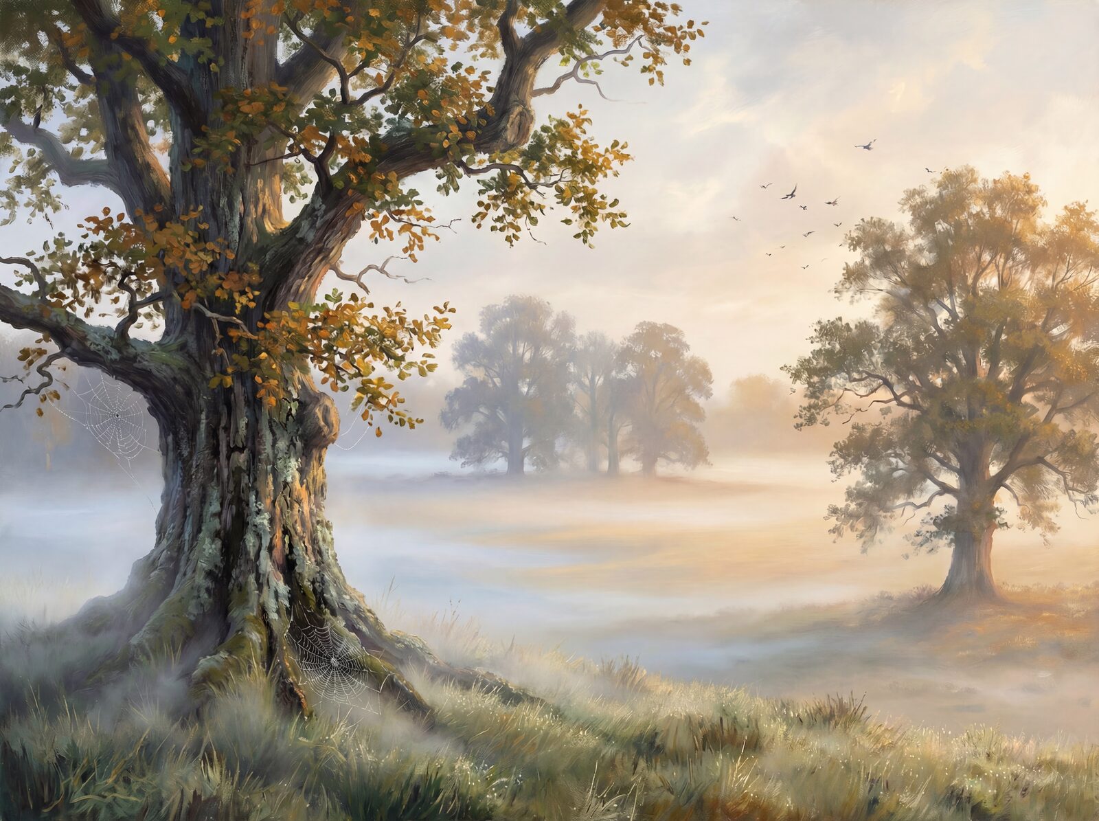 Scenic mural wallpaper featuring ancient oaks in misty landscape with Oak Bark, Lichen Sage, and Mist White palette. Made to order.