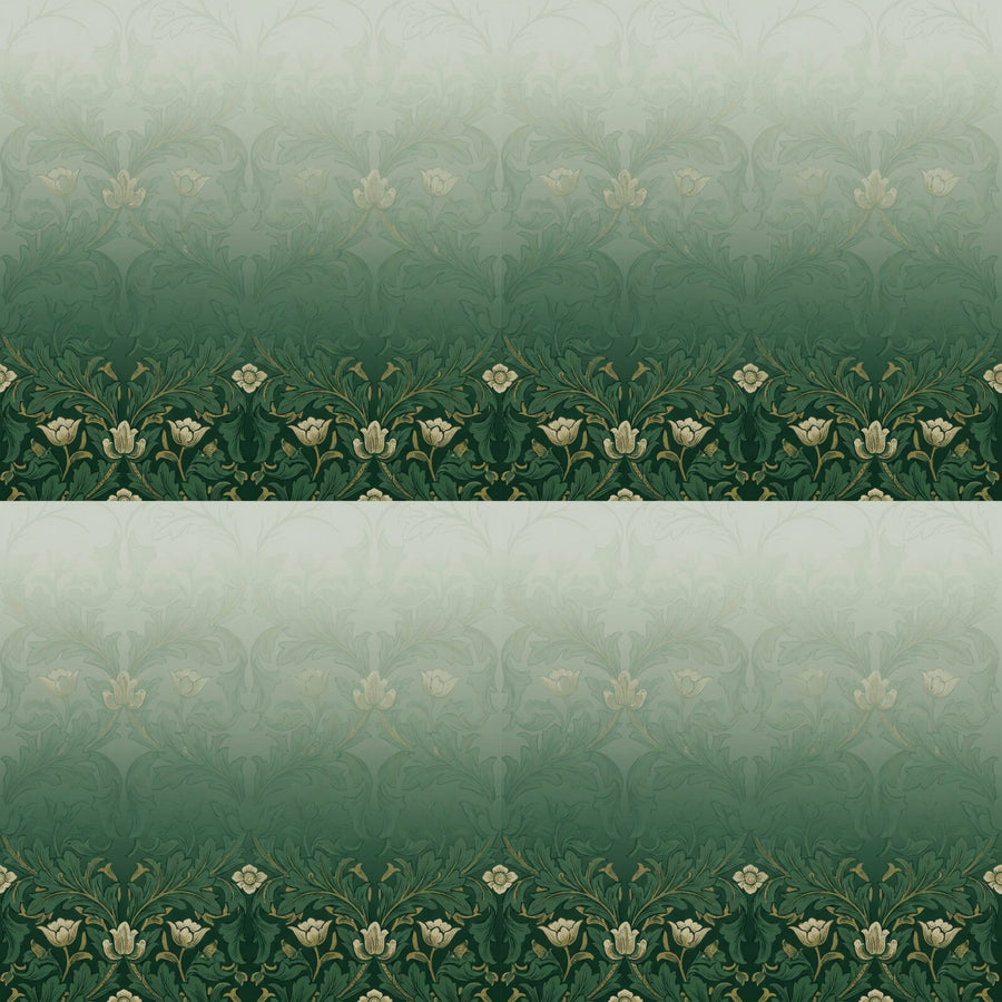 A radical reinterpretation of Morris's acanthus scrollwork, fading from forest green to pale mist. Made to order.