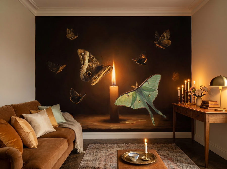 Moth and Flame scenic wallpaper mural on the feature wall of an English-country living room, in a moody black-and-charcoal palette — The Wall Shawl.