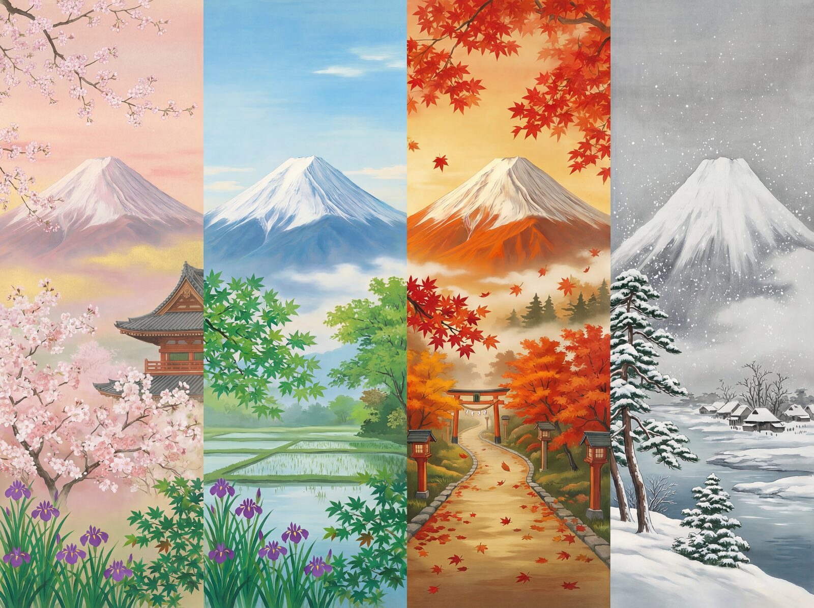 Panoramic Mount Fuji mural with Fuji Indigo, Snow Cap, and seasonal hues. Made to order.