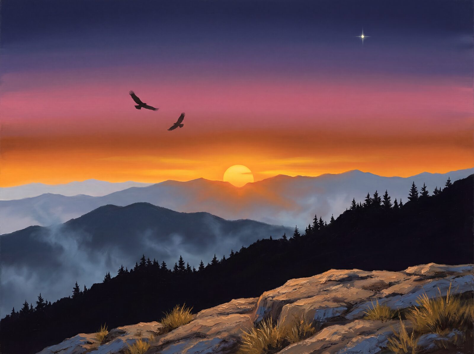 Scenic mural wallpaper in Saffron Blaze, Burnt Ridge, and Twilight Violet. Made to order.
