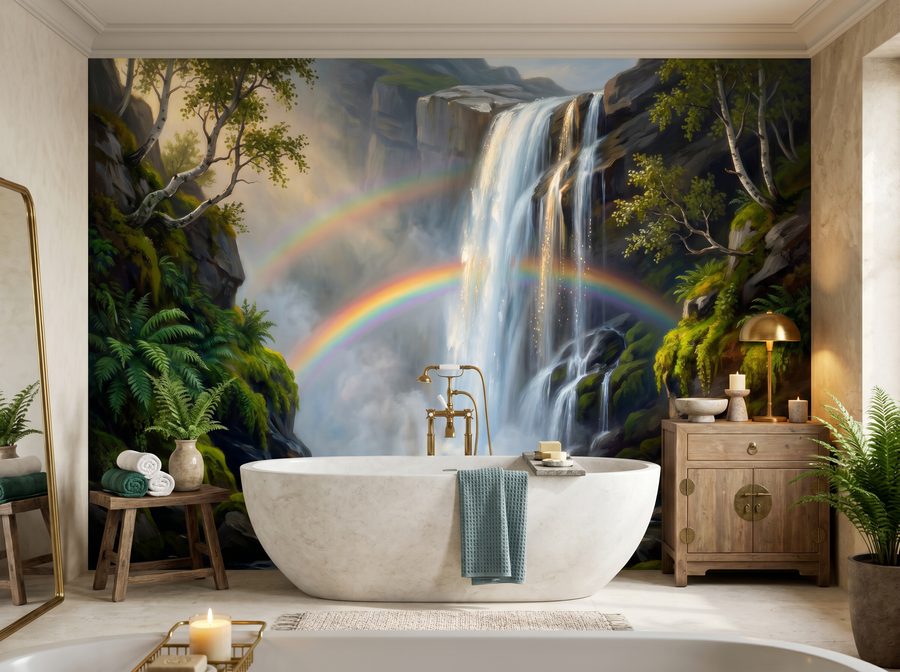 Mountain Waterfall scenic wallpaper mural on the feature wall of a modern-rustic bathroom, in a verdant green palette — The Wall Shawl.