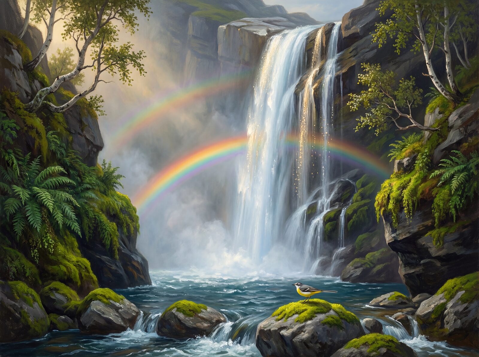 Scenic mural wallpaper with Water White, Mist Spray, and Pool Blue hues. Made to order.