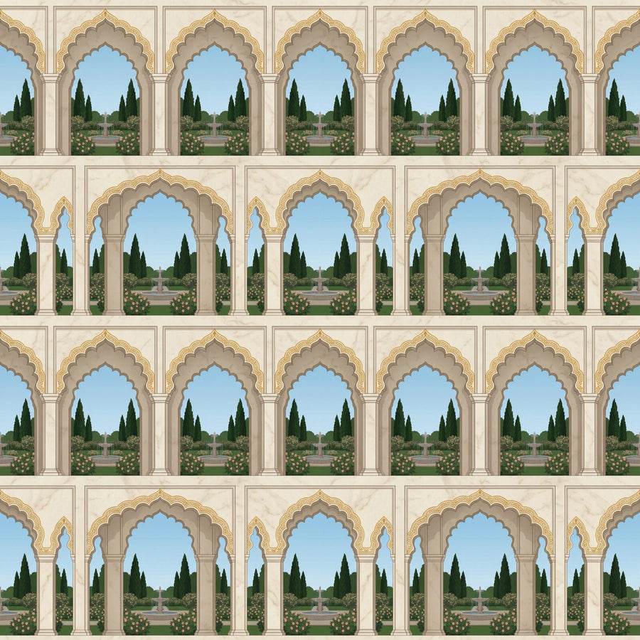 Step through a magnificent Mughal arch into a paradise garden. Featuring a palette of marble, sandstone, and garden greens. Made to order.