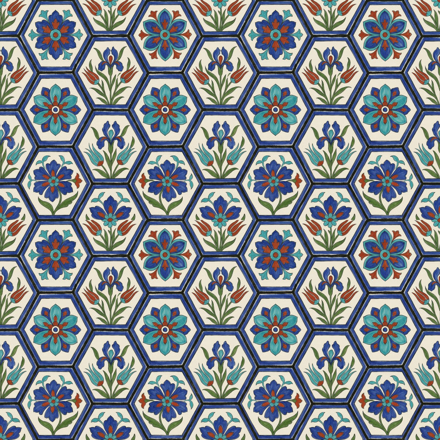Immerse yourself in a continuous garden of hexagonal Mughal floral tiles in cobalt blue, emerald green, and carnelian red. Made to order.