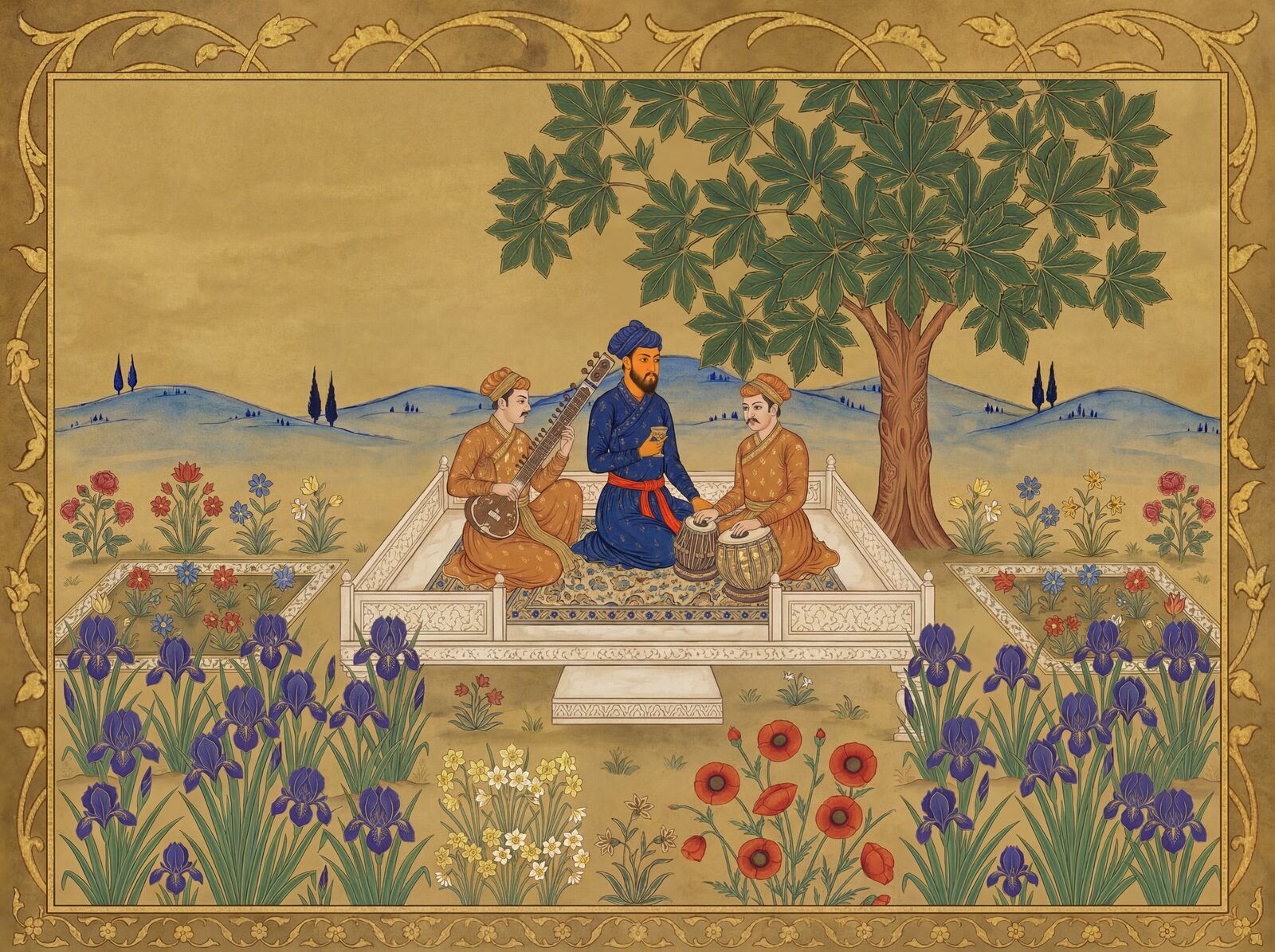 Mughal-inspired mural with Manuscript Gold, Lapis Ultramarine, and Mughal Vermilion. Made to order.