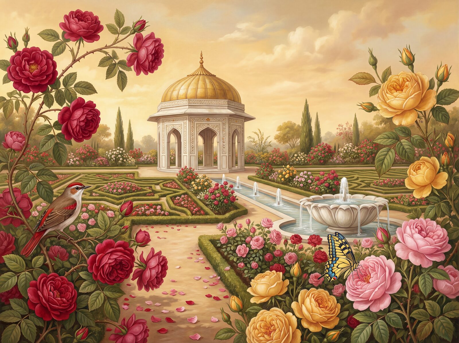 Mural wallpaper featuring a romantic Mughal rose garden with Damask Rose, Persian Pink, and Amber Rose hues. Made to order.