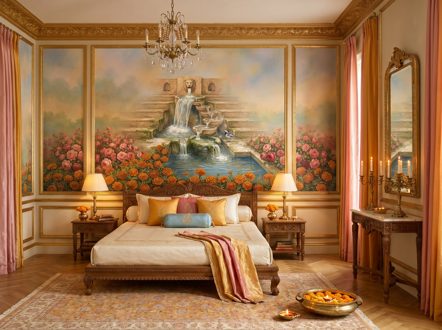 Mughal Water Garden scenic wallpaper mural on the feature wall of an eclectic bathroom, in a cool blue palette — The Wall Shawl.