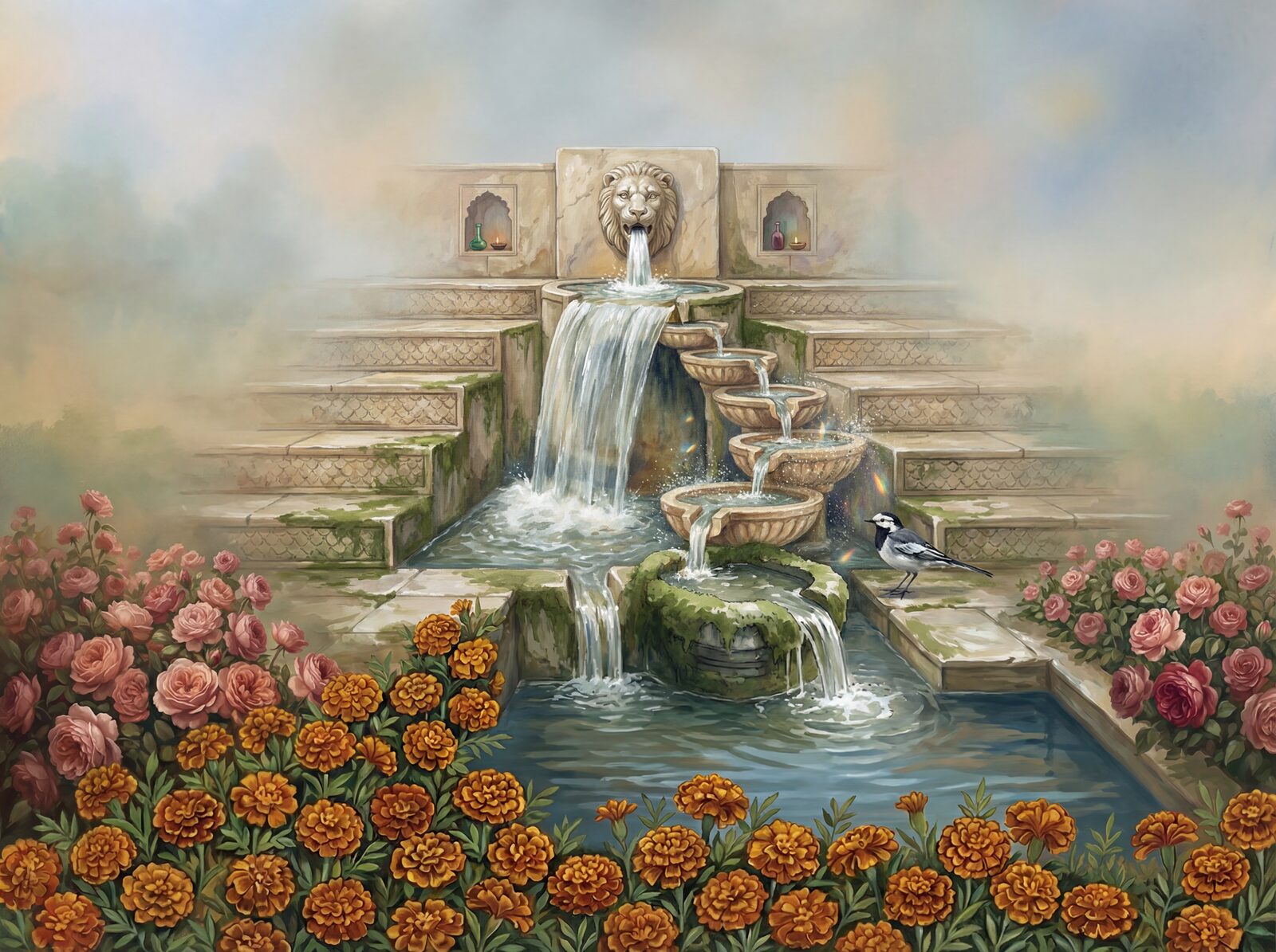 Scenic mural wallpaper featuring a Mughal water garden with Cascade White, Marble Warm, and Pool Deep hues. Made to order.