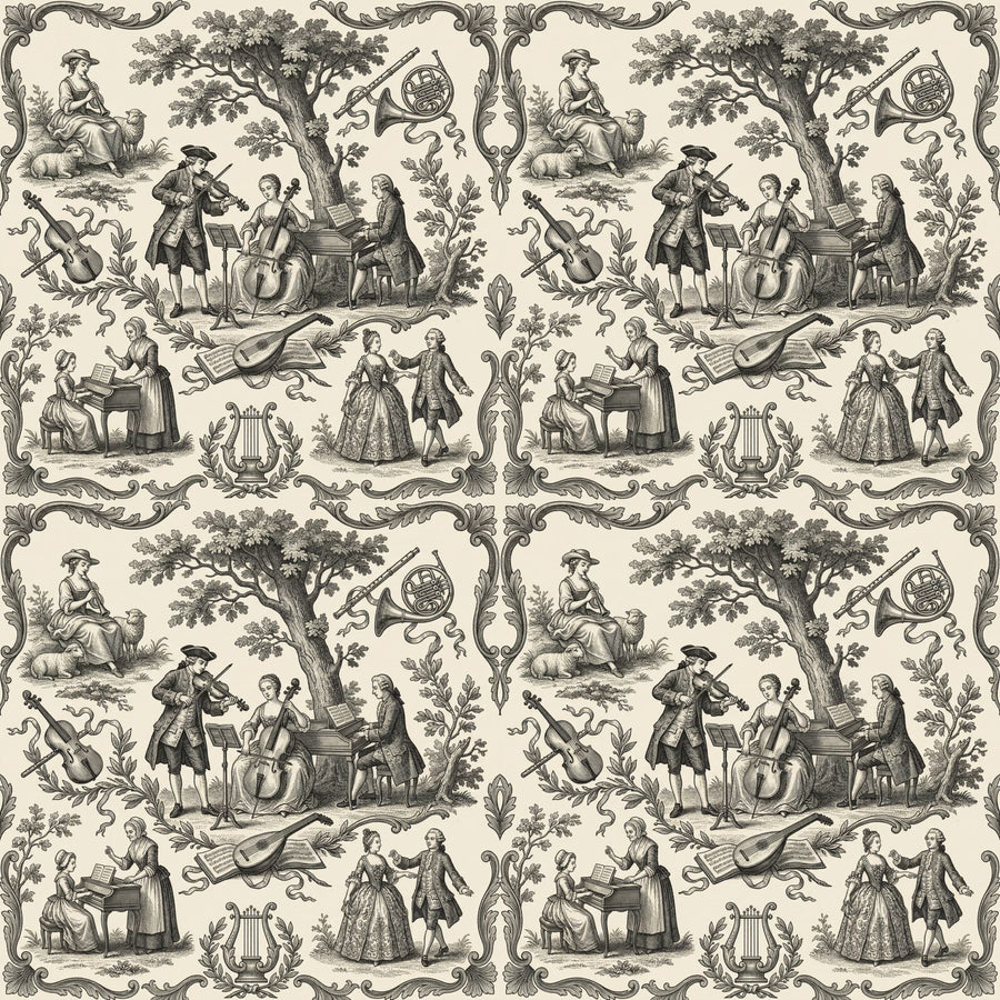 Experience 18th-century musical life in copperplate on French Cream. Harmonious scenes for music rooms. Made to order.