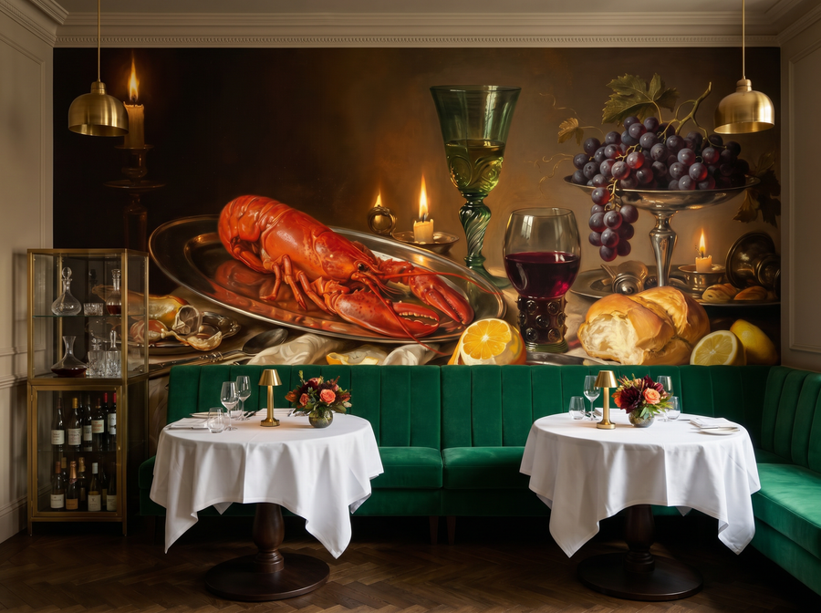 Night Banquet scenic wallpaper mural on the feature wall of a grandmillennial dining room_ac56691d 1871 4332 996f 9c2af03d34bf, in a moody black-and-charcoal palette — The Wall Shawl.