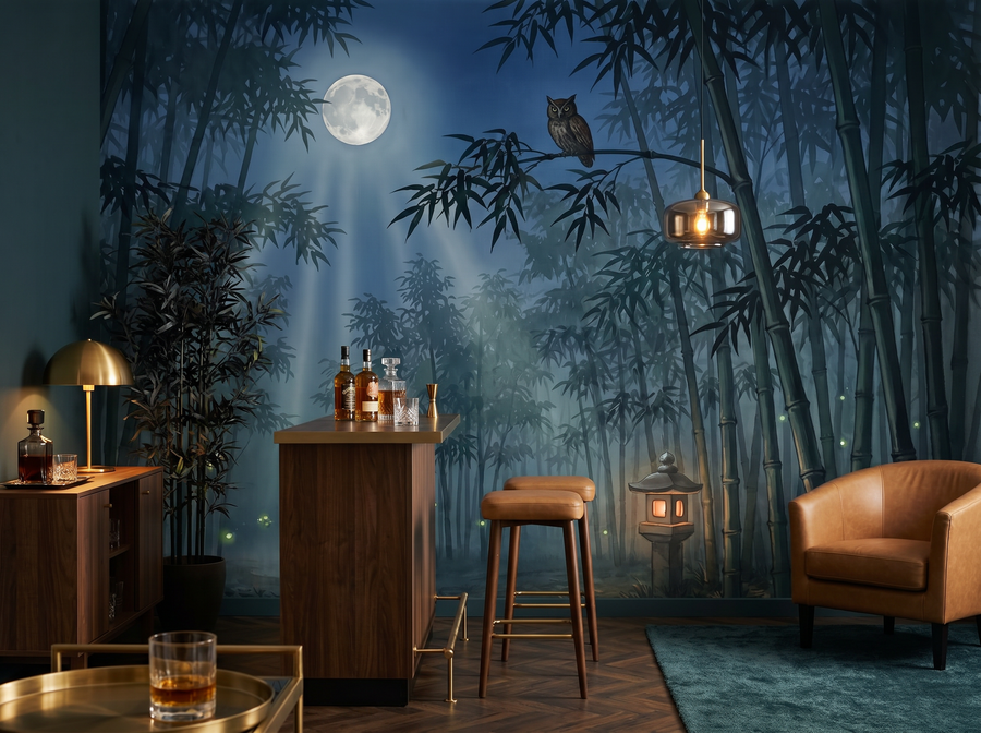 Night Forest Bamboo scenic wallpaper mural on the feature wall of a chinoiserie living room, in a verdant green palette — The Wall Shawl.
