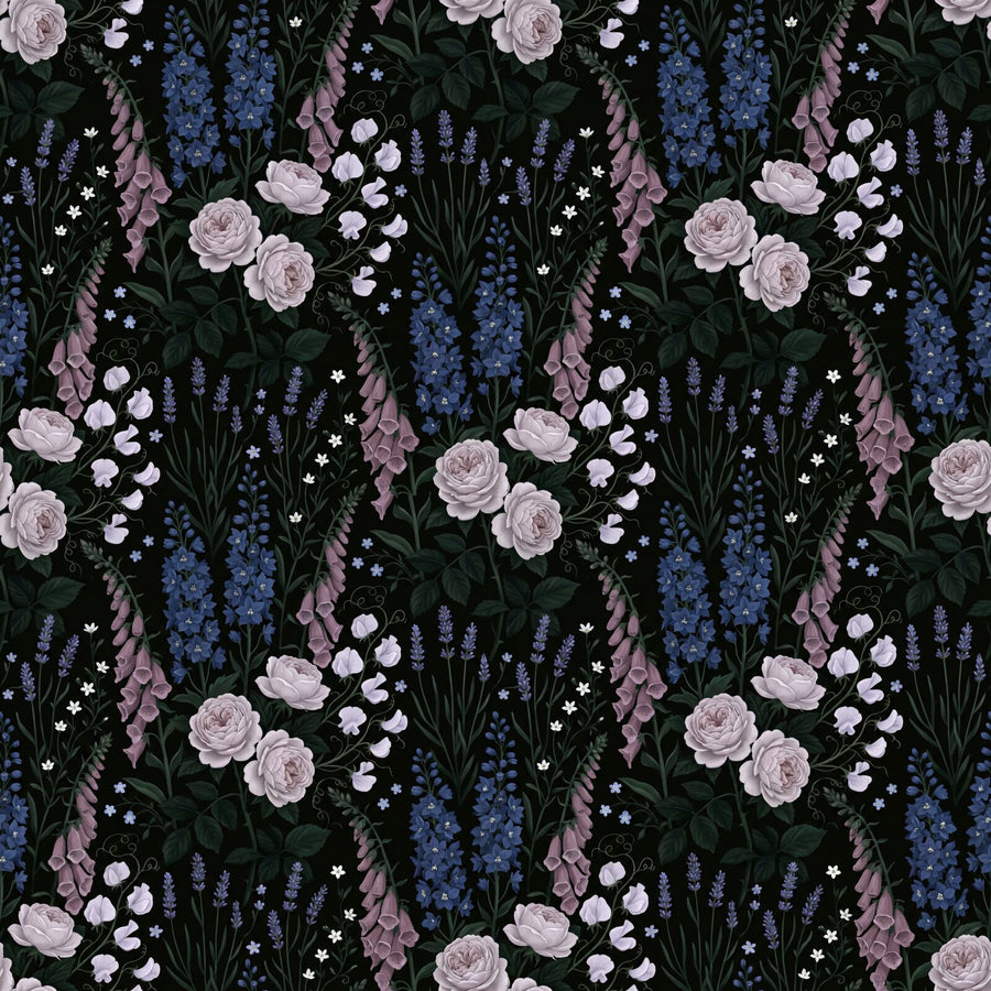 Step into an abundant midnight garden with this rich floral pattern in deep blues, silvers, and dusky mauves. Made to order.
