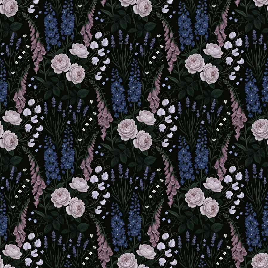 Step into an abundant midnight garden with this rich floral pattern in deep blues, silvers, and dusky mauves. Made to order.