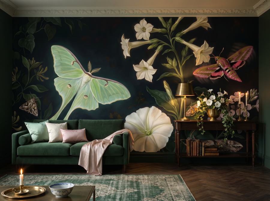 Night Moth scenic wallpaper mural on the feature wall of an English-country bedroom, in a moody black-and-charcoal palette — The Wall Shawl.