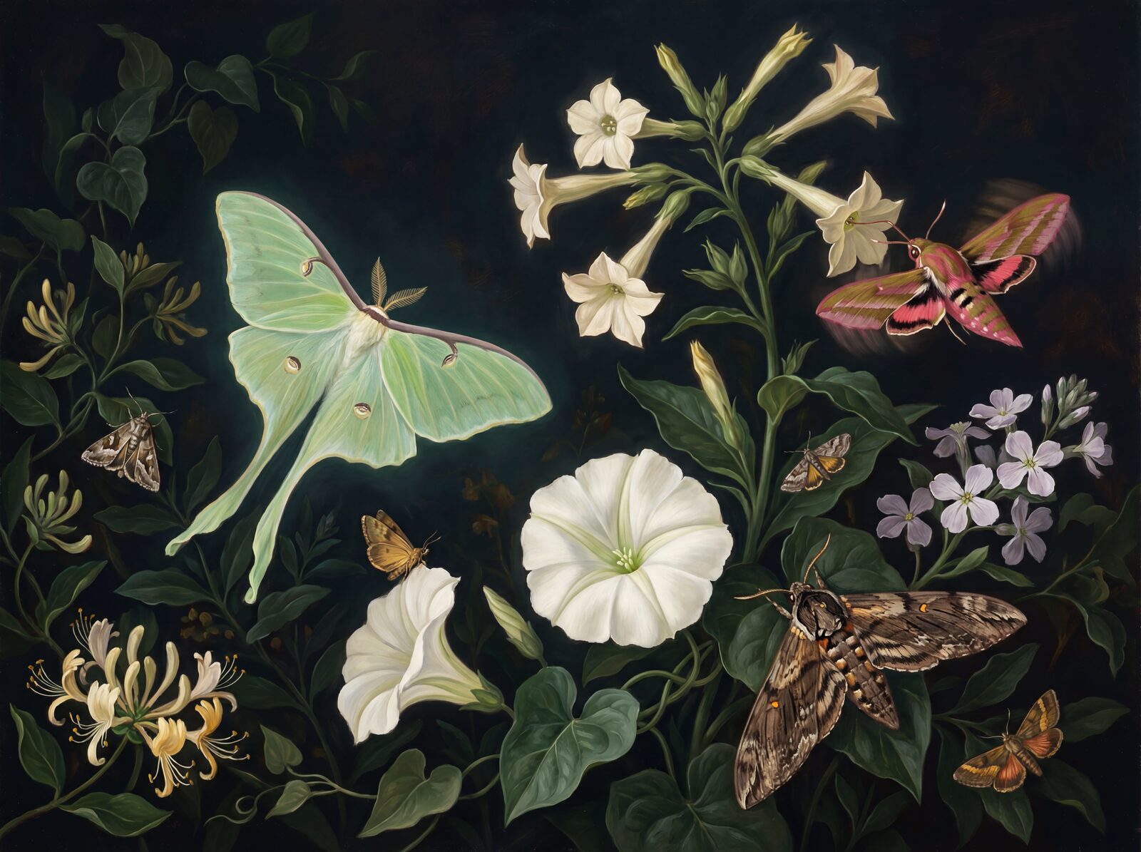 Discover nocturnal wonder with Night Moth Mural Wallpaper. Featuring ethereal Luna Green, vivid Hawk Pink, and luminous Nicotiana White. Made to order.