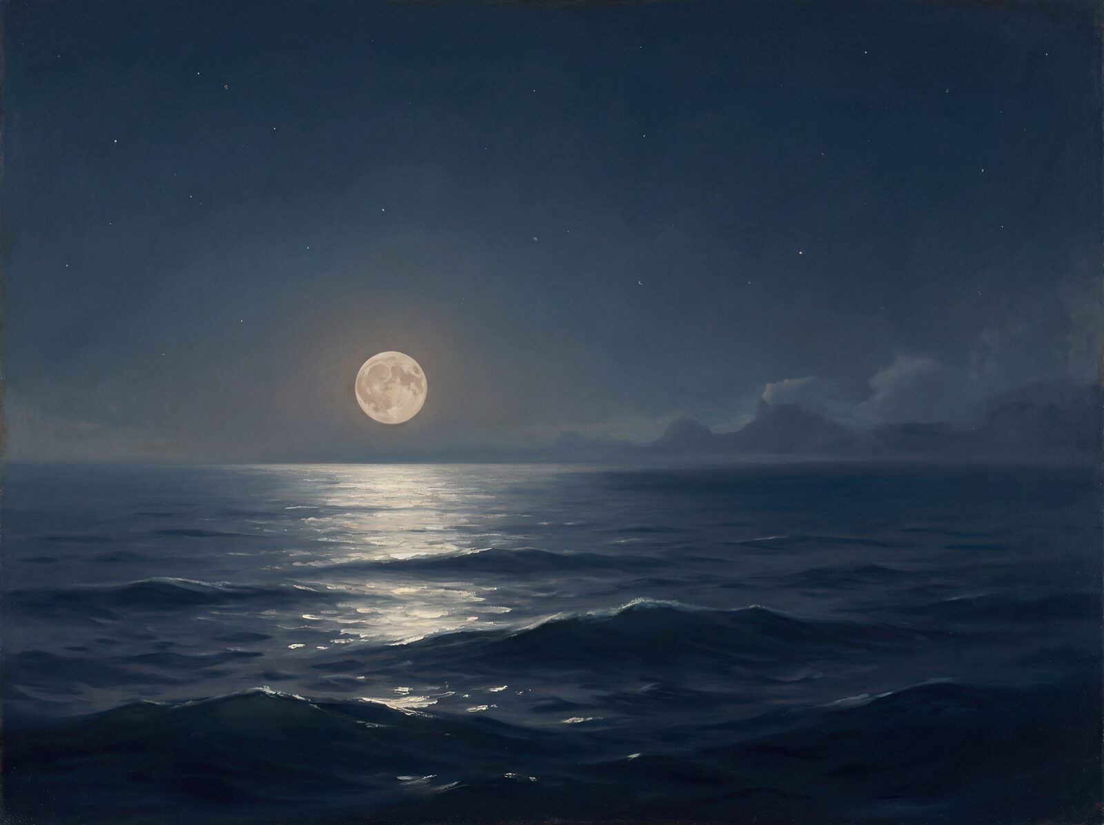 Scenic mural wallpaper featuring a serene night ocean scene with a palette of blues and silvers. Made to order.