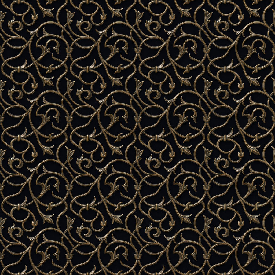 Experience the hypnotic flow of Noir Arabesque, a dark, metallic pattern mural wallpaper in deep warm black and silver tones. Made to order.