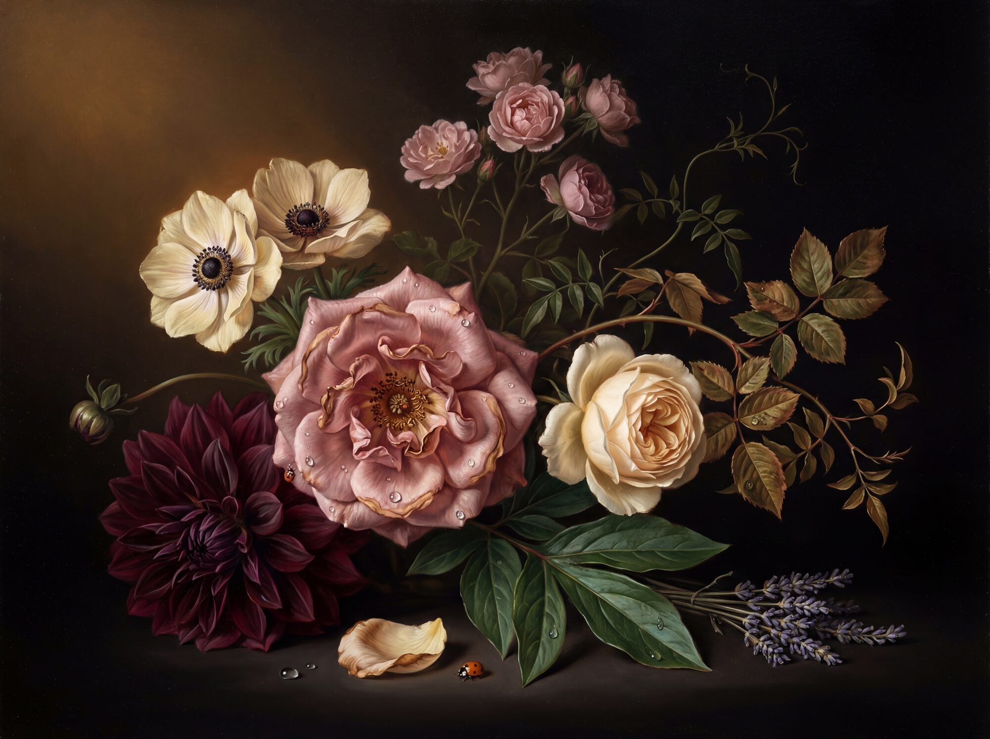 Dark romantic botanical mural: overblown dusty-rose bloom, burgundy dahlia, cream anemones and garden rose under amber sidelight on a near-black ground