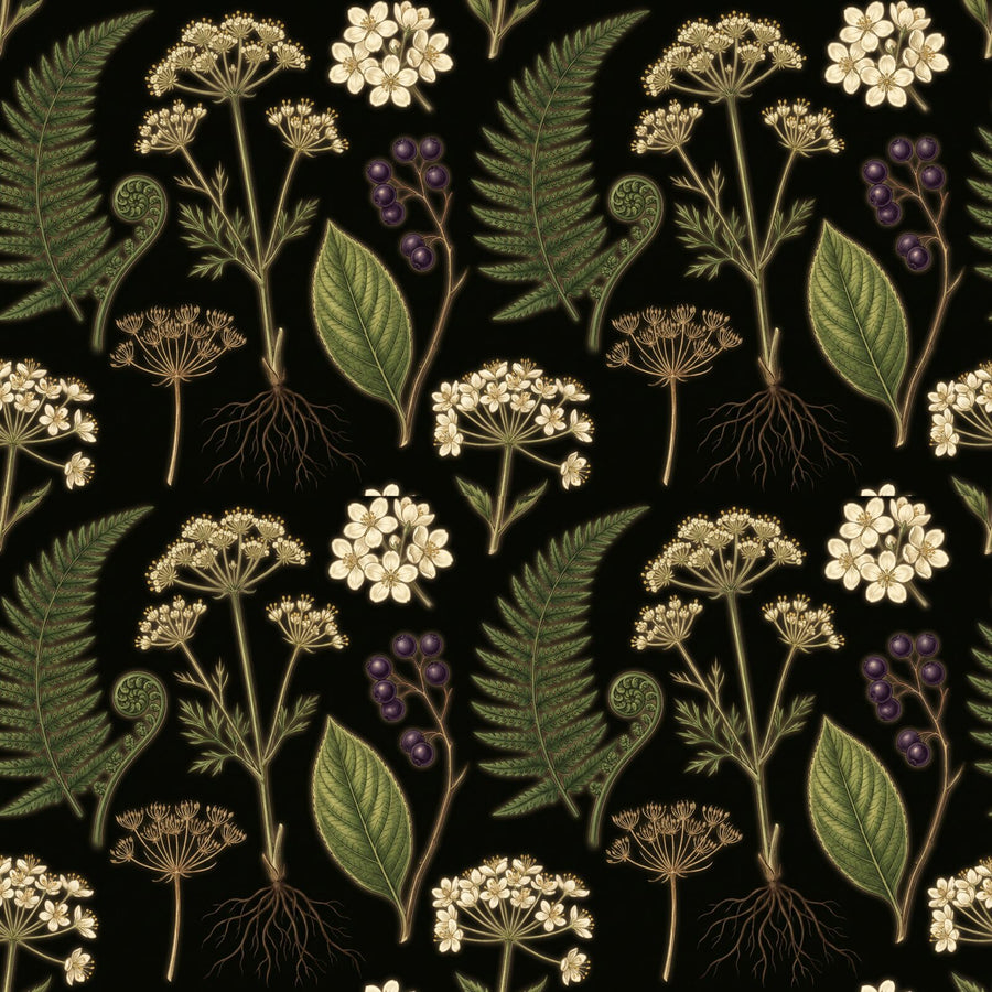 Immerse yourself in the scientific beauty of Noir Botanical, a rich, dark botanical mural with luminous greens and creams. Made to order.