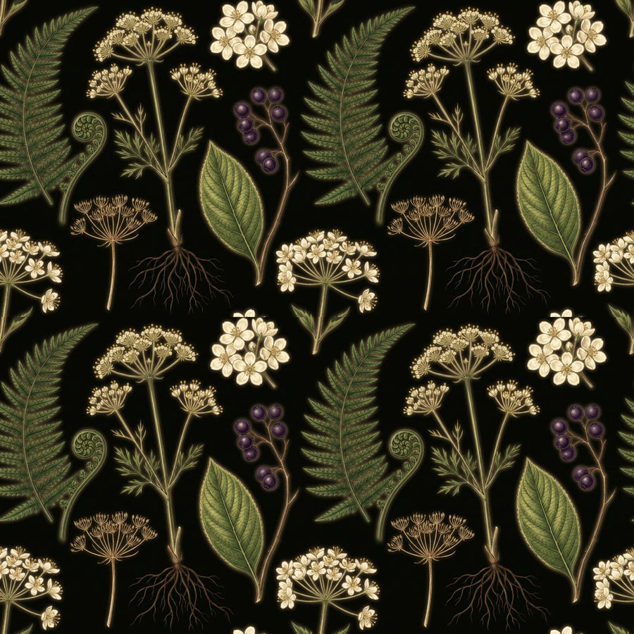 Immerse yourself in the scientific beauty of Noir Botanical, a rich, dark botanical mural with luminous greens and creams. Made to order.