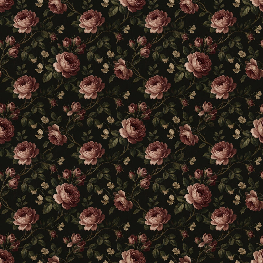 Experience the nostalgic darkness of an aged English chintz. Darkened cream, dried rose, and foxed leaf palette. Made to order.