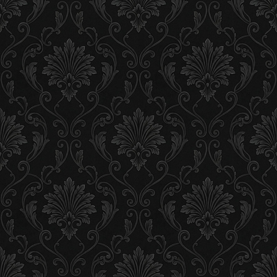 Experience the subtle elegance of Noir Damask Classic, a tone-on-tone pattern in jet, soot, and ash. Made to order.