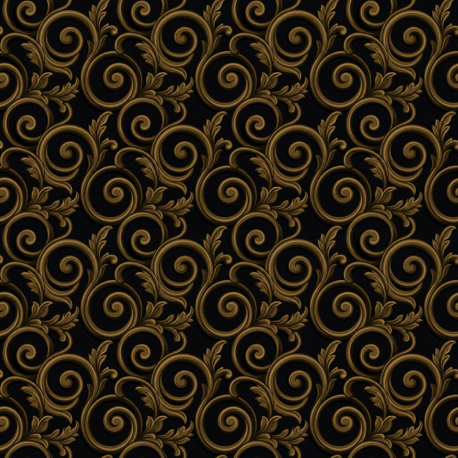 A continuous scroll of dark tarnished bronze and matte lacquer on a deep warm black ground. Made to order.