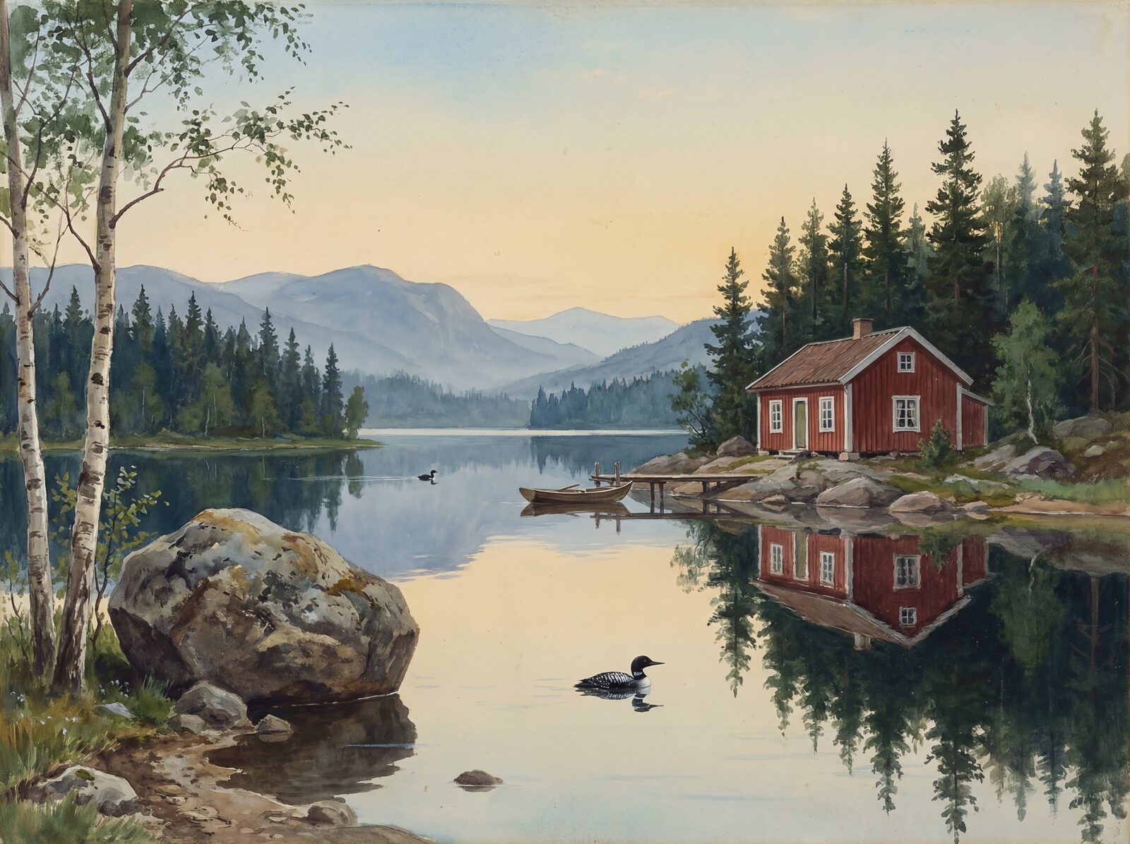 Pristine lake scene with Bleached Pine, Lake Cobalt, and Granite Silver tones. Made to order.
