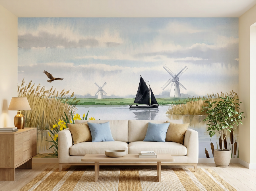 Norfolk Broads scenic wallpaper mural on the feature wall of an English-country bedroom, in a cool blue palette — The Wall Shawl.