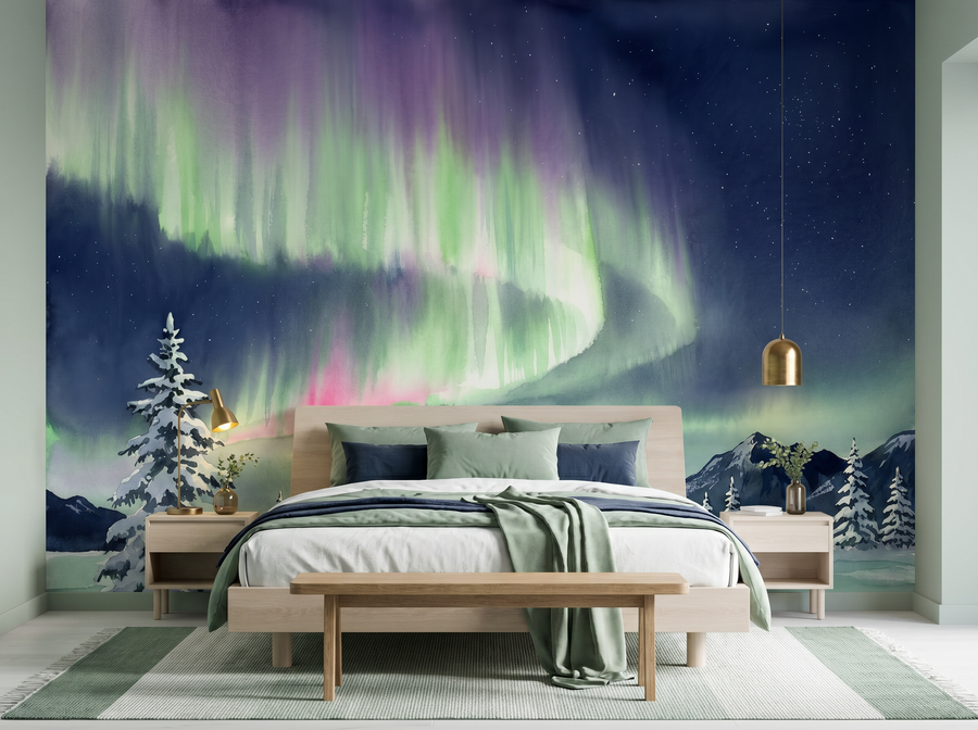Northern Lights scenic wallpaper mural on the feature wall of a Scandinavian bedroom, in a moody black-and-charcoal palette — The Wall Shawl.