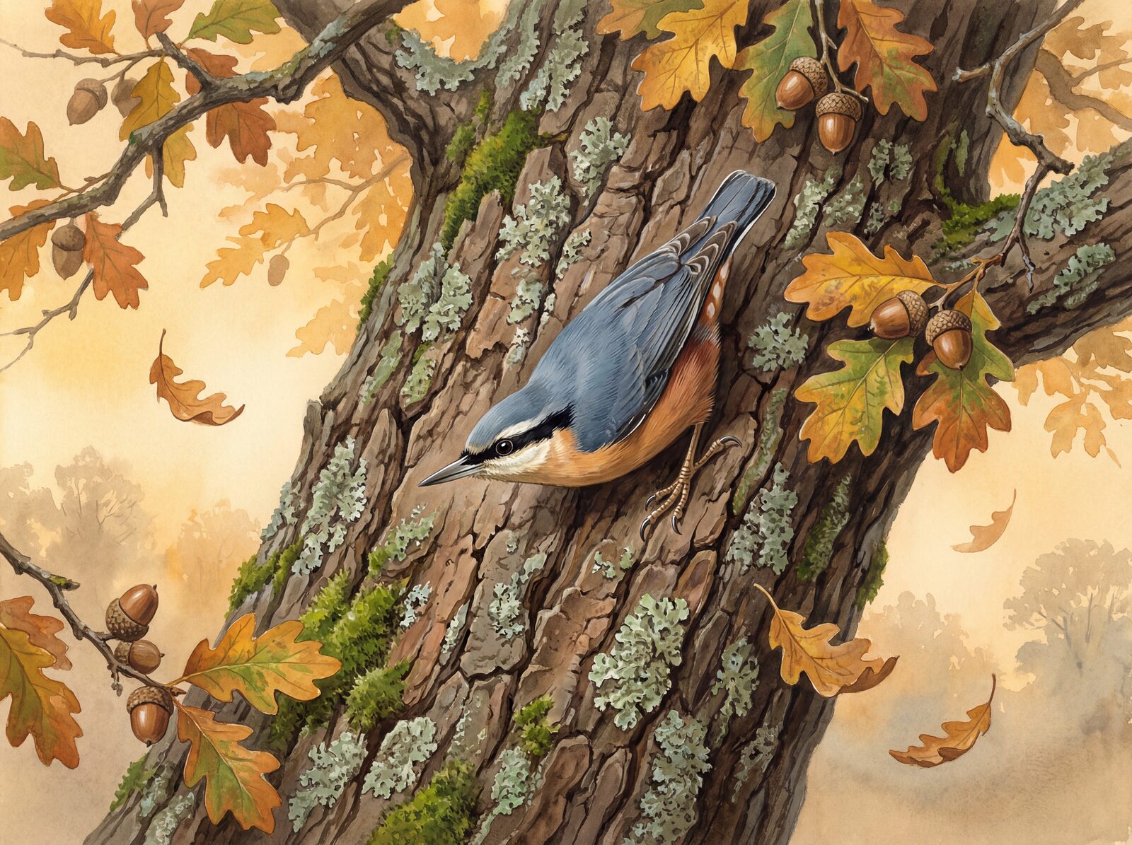 Stately autumnal mural with Nuthatch Blue, Oak Bark, and Autumn Gold. Made to order.