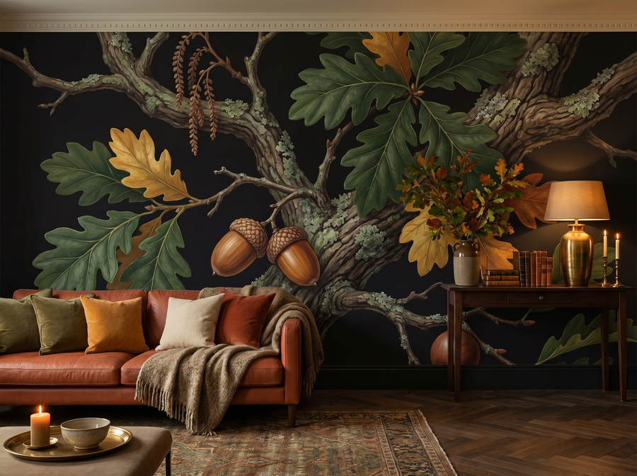Oak Branch & Acorns scenic wallpaper mural on the feature wall of an English-country study, in a verdant green palette — The Wall Shawl.