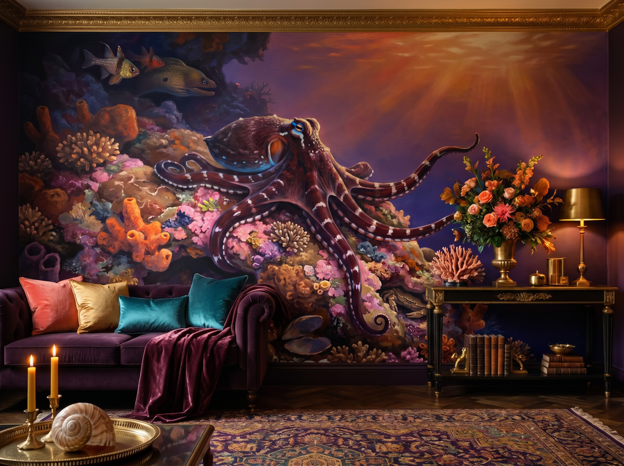 Octopus Garden scenic wallpaper mural on the feature wall of a coastal study, in a cool blue palette — The Wall Shawl.
