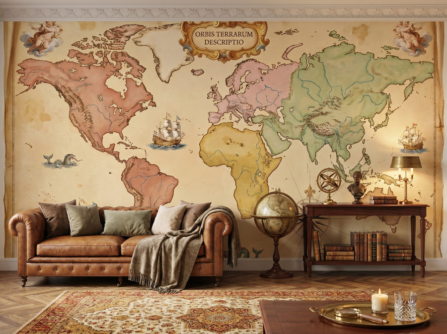 Old World Map scenic wallpaper mural on the feature wall of a maximalist living room, in a soft grey palette — The Wall Shawl.
