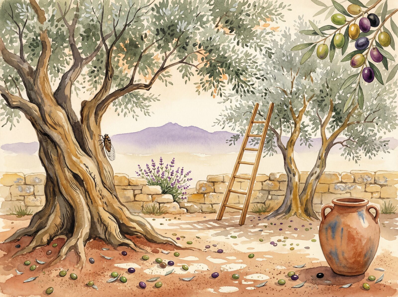 Scenic mural wallpaper with olive silver, trunk gold, and red earth hues. Made to order.