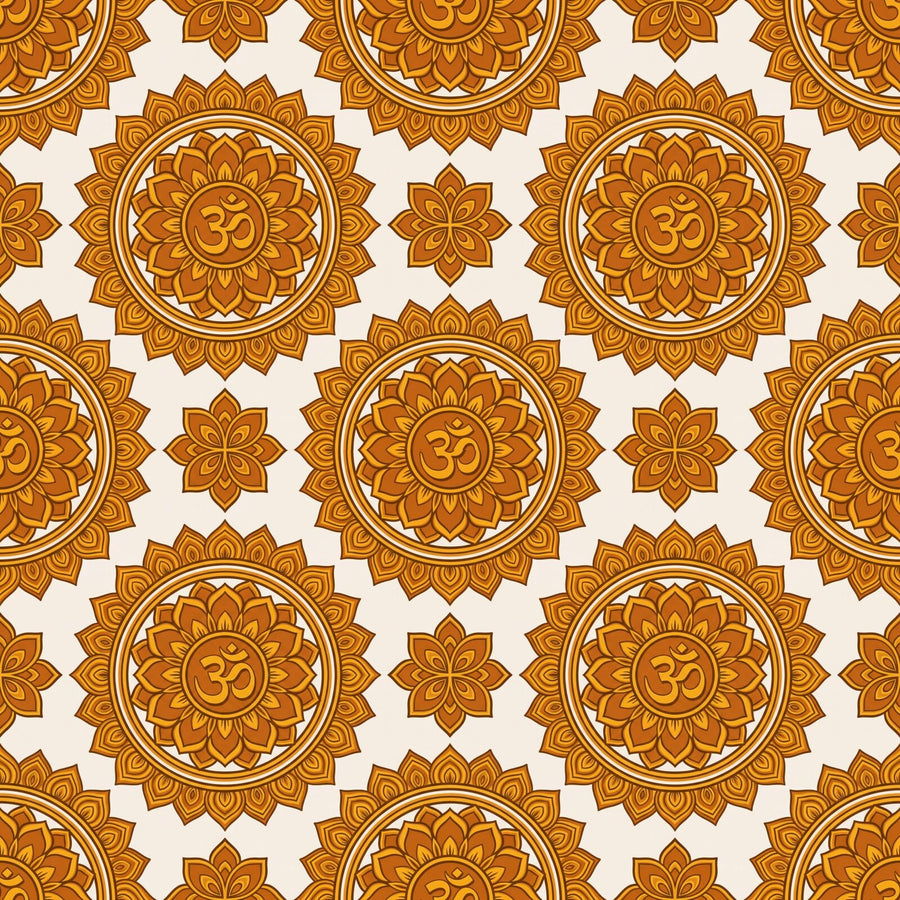 Experience the sacred resonance of our Om Mandala mural wallpaper, featuring saffron, gold and deep burgundy. Made to order.