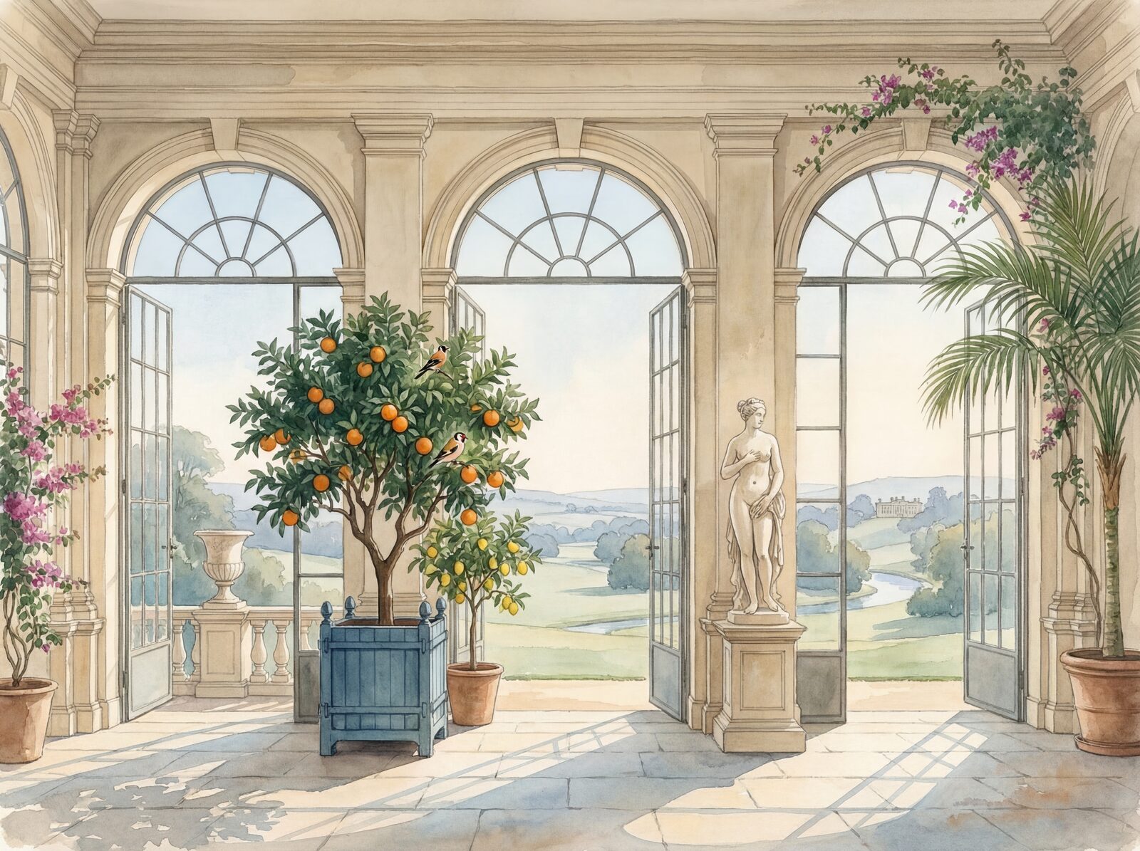 Luminous orangery scene with citrus trees, warm stone and soft light. Palette: Plaster White, Orange Fruit, Citrus Leaf. Made to order.