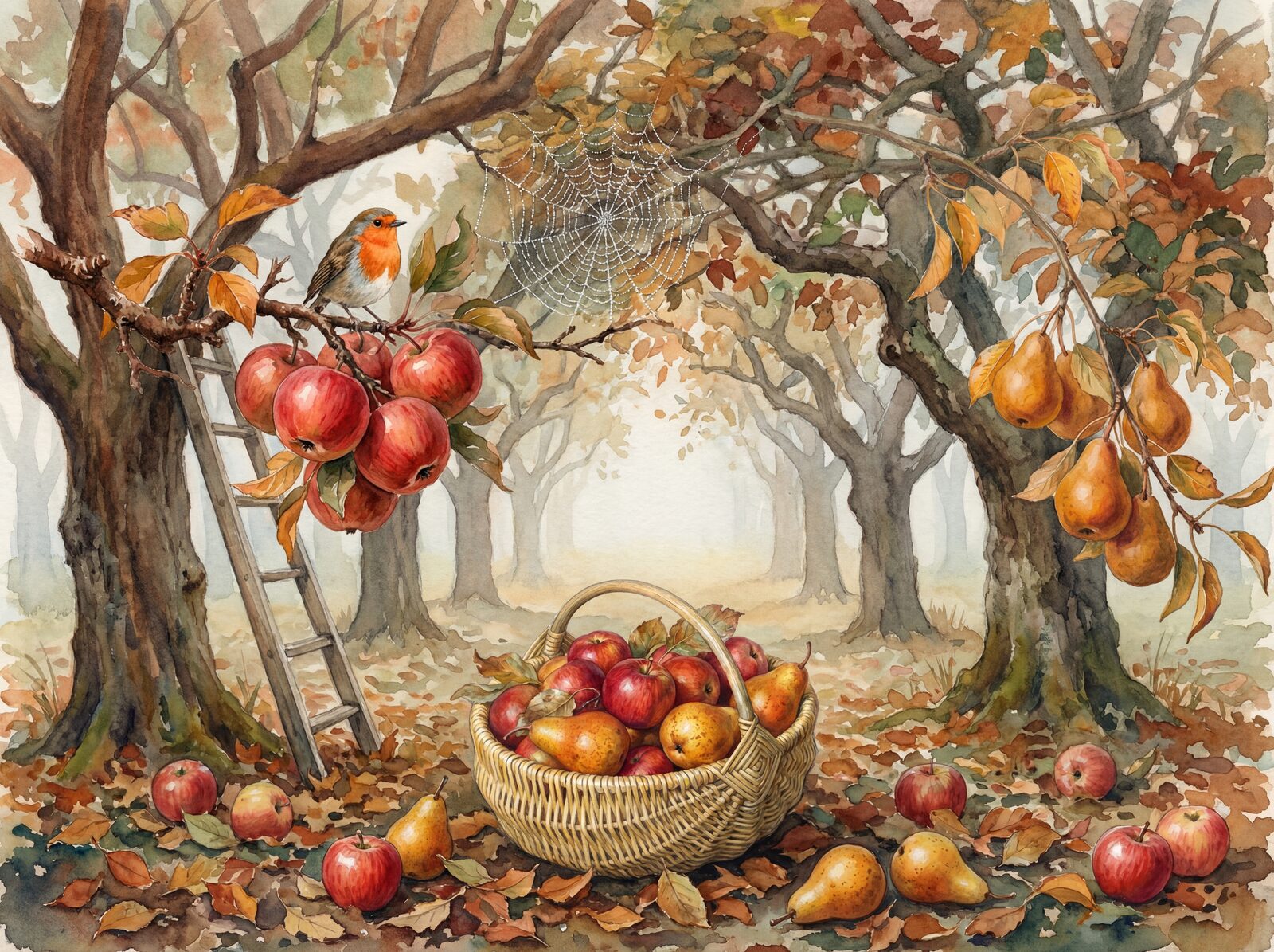 Scenic mural wallpaper featuring autumn leaves, ripe fruit, and earthy tones. Made to order.