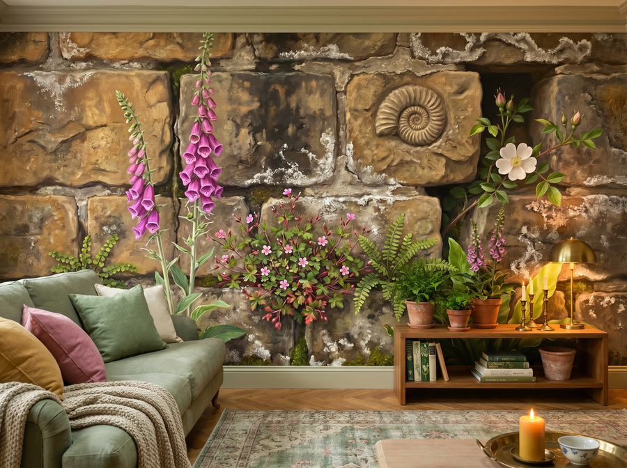 Ossuary Flowers scenic wallpaper mural on the feature wall of an English-country bathroom, in a soft grey palette — The Wall Shawl.