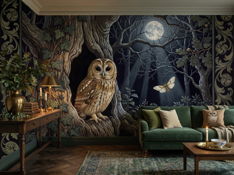 Owl in Oak scenic wallpaper mural on the feature wall of an English-country study, in a moody black-and-charcoal palette — The Wall Shawl.