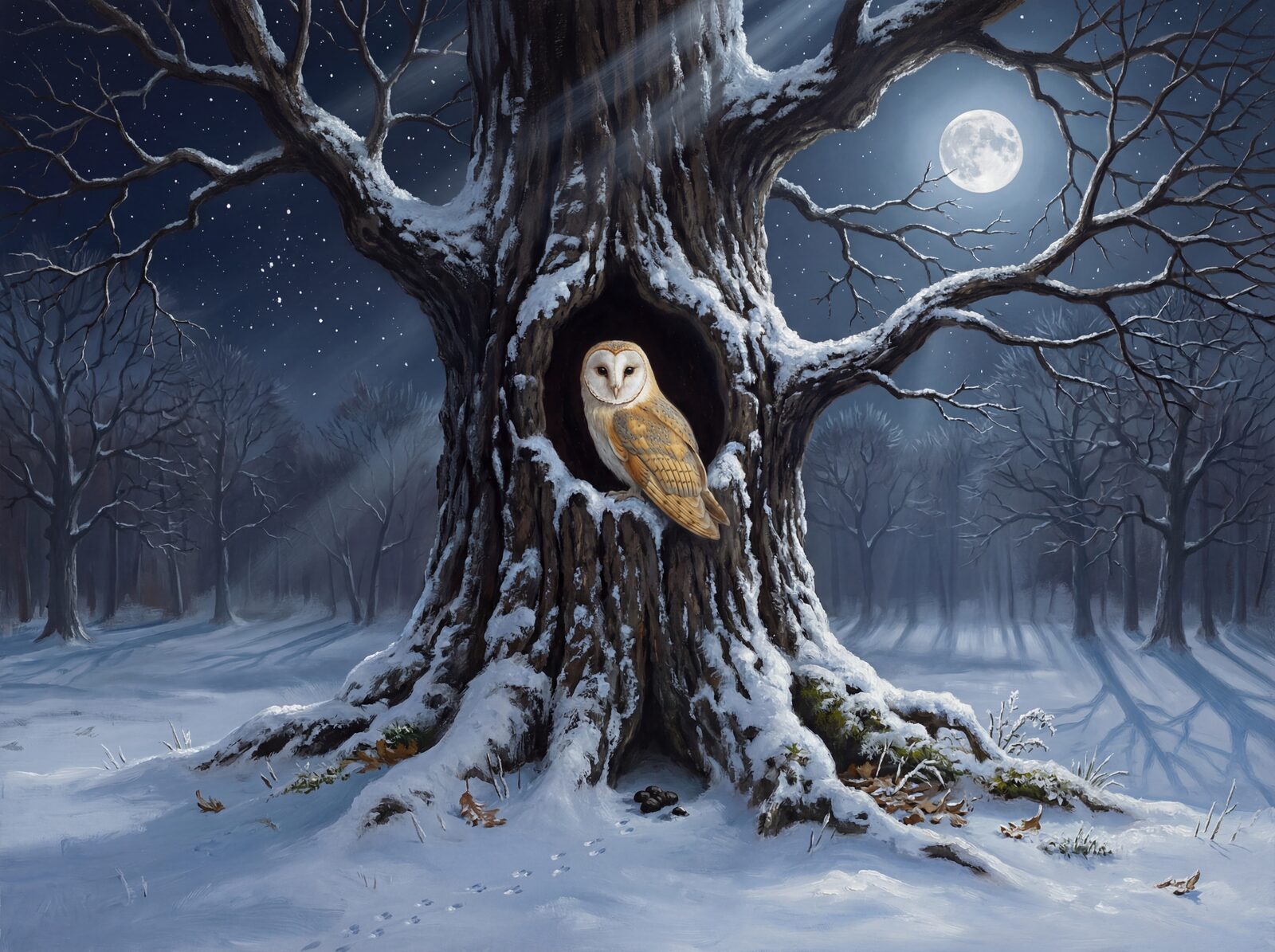 Scenic mural wallpaper featuring a barn owl in a winter oak wood, with a palette of night sky blues and silvers. Made to order.