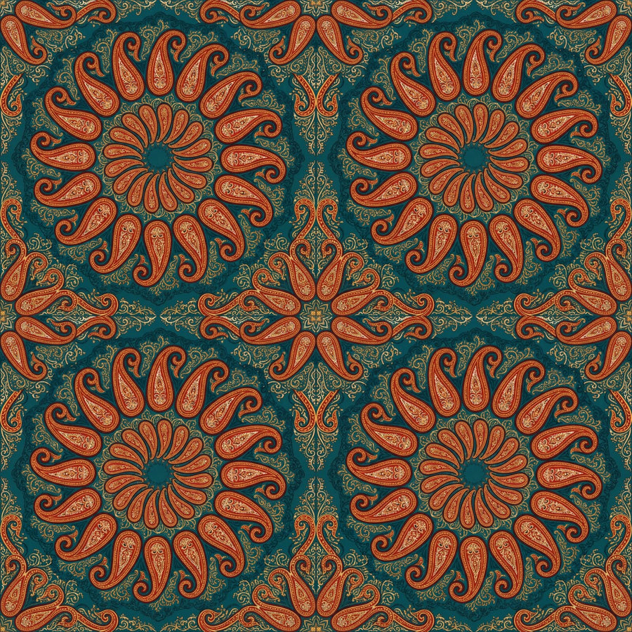 Experience the hypnotic spiral of our Paisley Mandala mural. Rich teal, red, and gold flow across a tapestry of intricate paisleys. Made to order.