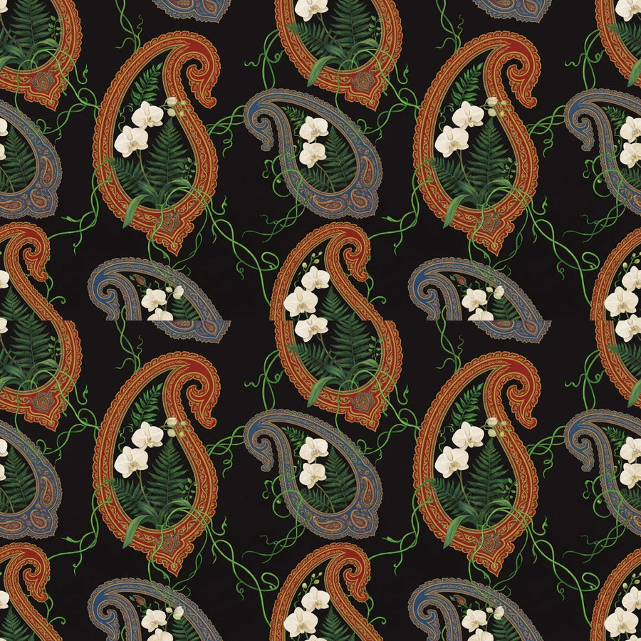 Vibrant red, gold, and green botanicals burst from giant paisley motifs. A Modern Maximalist pattern wallpaper. Made to order.