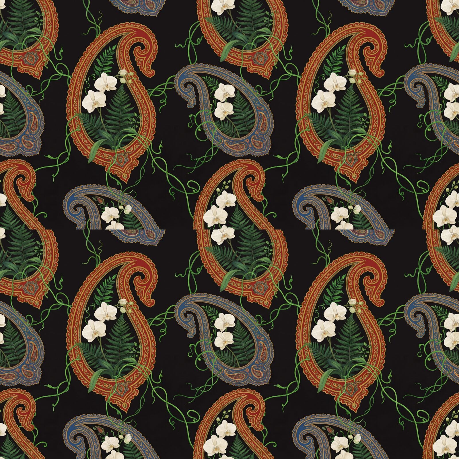 Vibrant red, gold, and green botanicals burst from giant paisley motifs. A Modern Maximalist pattern wallpaper. Made to order.