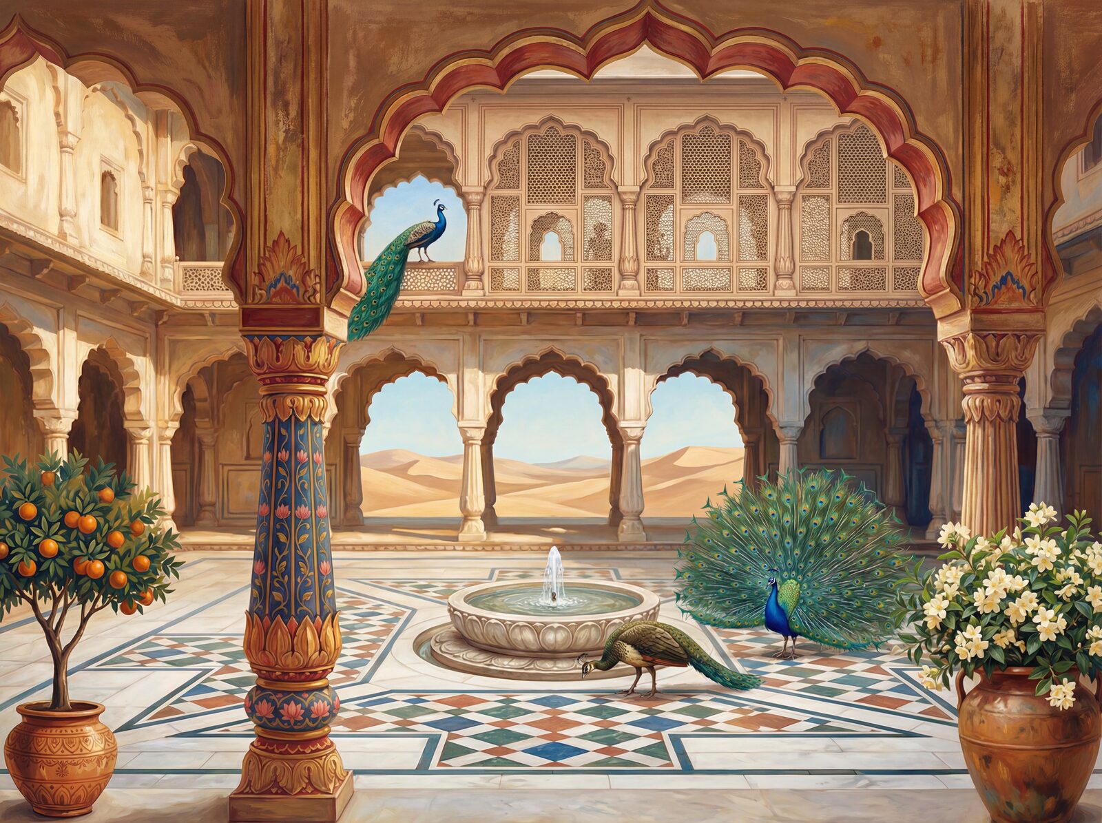 Vibrant scenic mural with Rajput Red, Palace Gold, and Peacock Blue. Made to order.